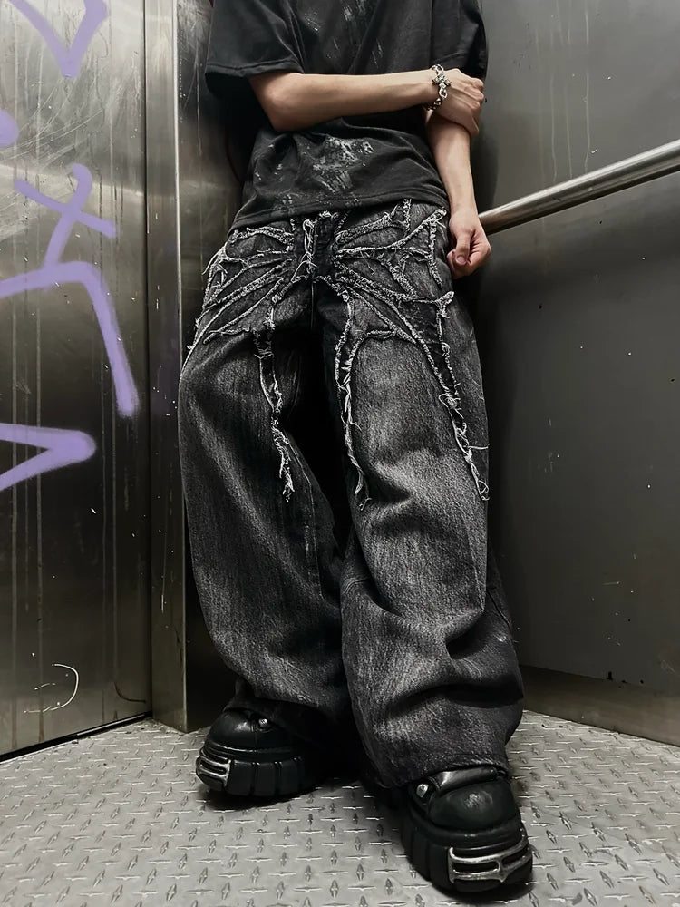 Y2K Phantom Jeans High Street Spider Embroidered Patch Hip Hop Streetwear Gothic Retro Oversized Baggy Fit Unisex Mopping Pants