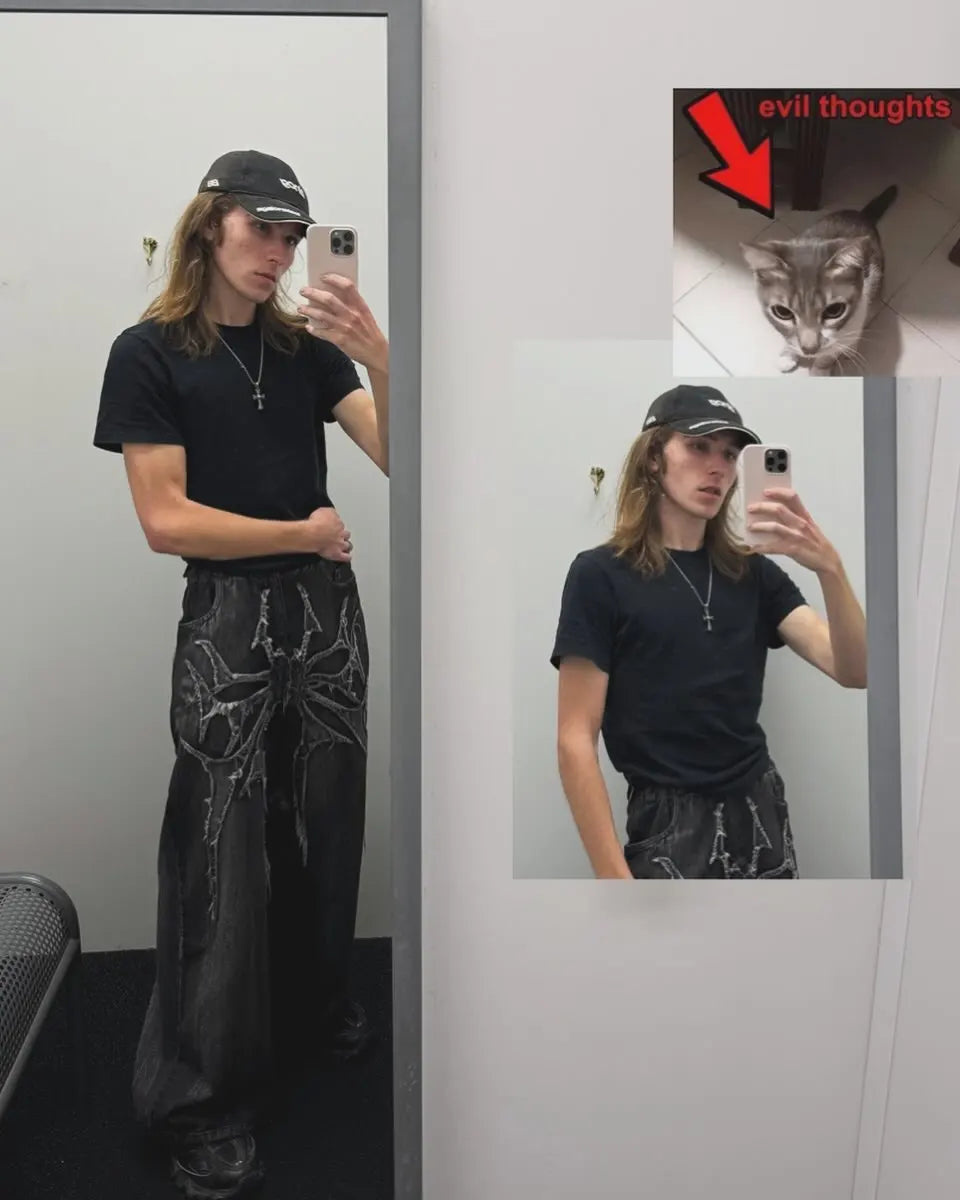Y2K Phantom Jeans High Street Spider Embroidered Patch Hip Hop Streetwear Gothic Retro Oversized Baggy Fit Unisex Mopping Pants