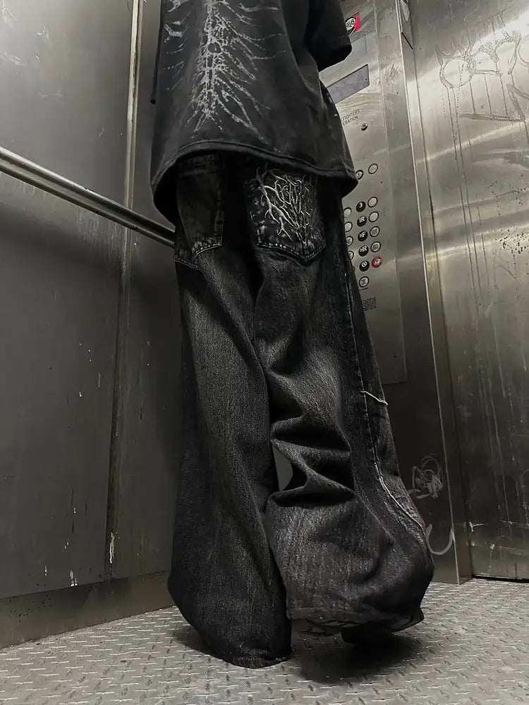 Y2K Phantom Jeans High Street Spider Embroidered Patch Hip Hop Streetwear Gothic Retro Oversized Baggy Fit Unisex Mopping Pants