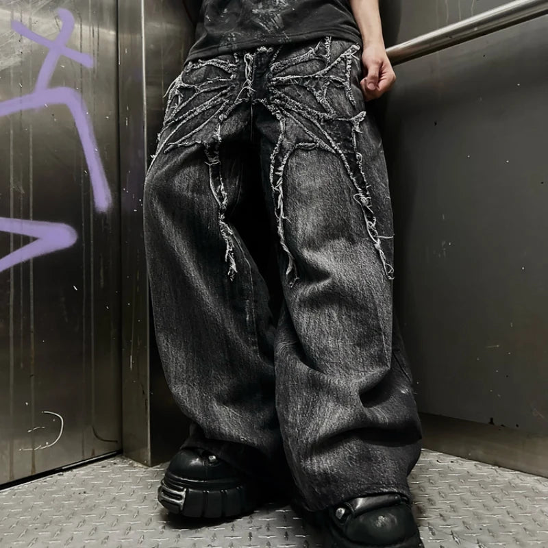 Y2K Phantom Jeans High Street Spider Embroidered Patch Hip Hop Streetwear Gothic Retro Oversized Baggy Fit Unisex Mopping Pants